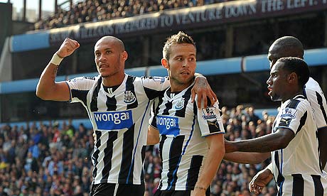 Newcastle United's Yoan Gouffran, left, is congratulated after scoring against Aston Villa