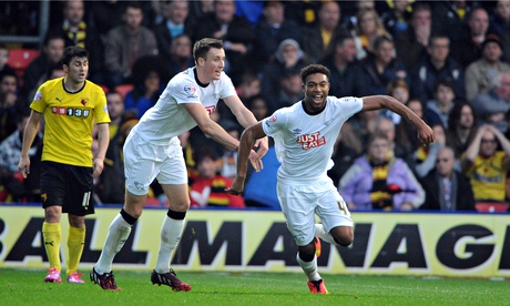 Jordan Ibe, right, scored Derby County's first goal against Watford in the Championship