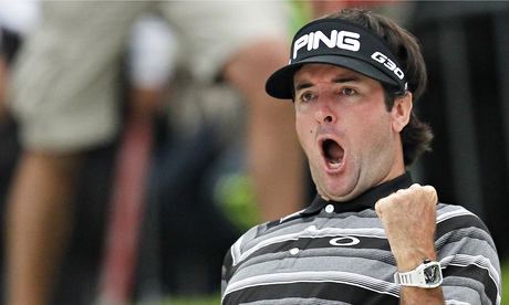 Bubba Watson celebrates after making an eagle from a bunker on the 18th hole in Shanghai