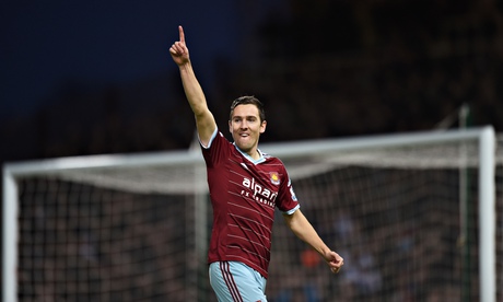 Stewart Downing celebrates scoring for West Ham against Leicester in the Premier League