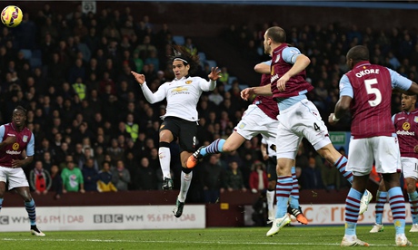Manchester United's Radamel Falcao scores against Aston Villa in the Premier League at Villa Park