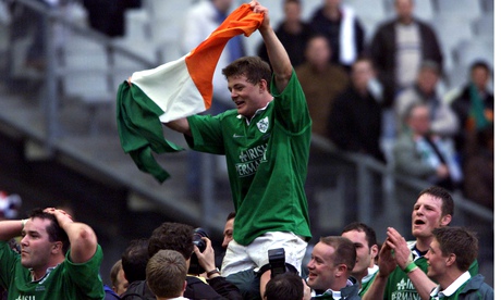 Brian O'Driscoll celebrates after scoring three tries in Ireland's win over France in Paris in 2000
