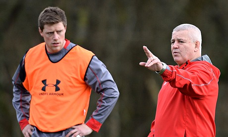 Warren Gatland, right, and Rhys Priestland during training for Wales's Six Nations game with England