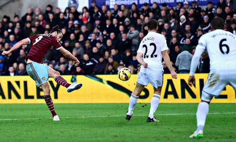 Andy Carroll scores for West Ham against Swansea City at Liberty Stadium