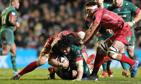 Leicester's prop, Logovi'i Mulipola, is brought to ground in the European match against Scarlets on 