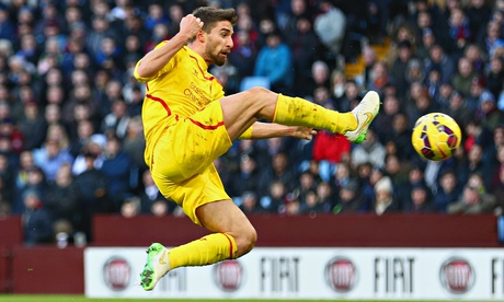 Liverpool's Fabio Borini scores against Aston Villa in the Premier League match at Villa Park