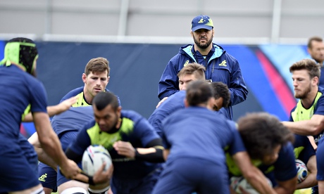 Australia's head coach, Michael Cheika, oversees training before the semi-final against Argentina