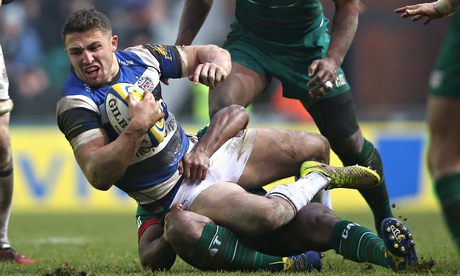 Bath's Sam Burgess is tackled in a Premiership match against Leicester this year