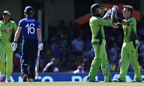 Pakistan's Yasir Shah celebrates taking the wicket of England's Eoin Morgan
