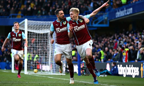 Ben Mee, right, celebrates scoring against Chelsea in the Premier League match at Stamford Bridge
