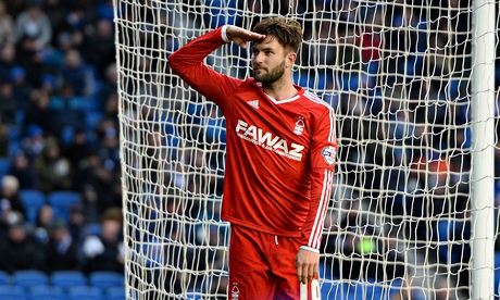 Henri Lansbury celebrates after scoring Forest's  second goal against Brighton in the Championship 