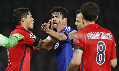 PSG's Thiago Silva tries to placate Chelsea striker Diego Costa during the Champions League last-16 