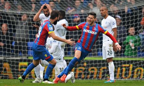 Joel Ward celebrates scoring Crystal Palace's third goal in the Premier League match against QPR
