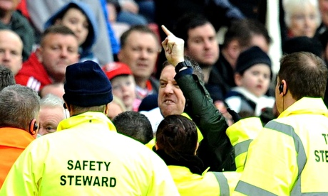 A fan vents his frustrations at the Sunderland bench during the 4-0 defeat by Aston Villa.