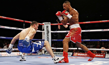 Kell Brook knocks down Jo Jo Dan during the Briton's maiden IBF world welterweight title defence