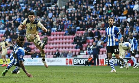 Alex Mowatt scores for Leeds against Wigan in the Championship match at the DW stadium