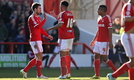 Nottingham Forest's Gary Gardner, left, celebrates against Middlesbrough in the Championship