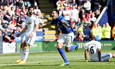 Leonardo Ulloa puts Leicester ahead against Swansea in the Premier League at the King Power Stadium