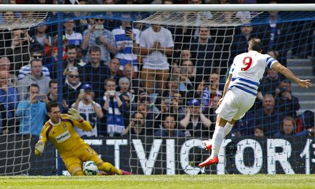West Ham's Adrian saves a penalty from QPR's Charlie Austin in the Premier League at Loftus Road
