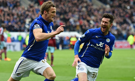 Andy King celebrates scoring for Leicester's against West Ham in the Premier League match 