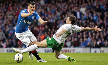 Rangers' Haris Vuckic (left) tries to evade a tackle from Hibernian's Lewis Stevenson during the Sco