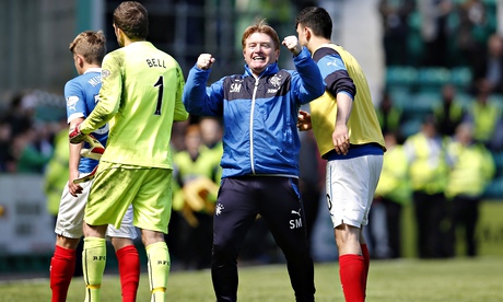 Manager Stuart McCall celebrates Rangers' play-off win against Hibs at Easter Road