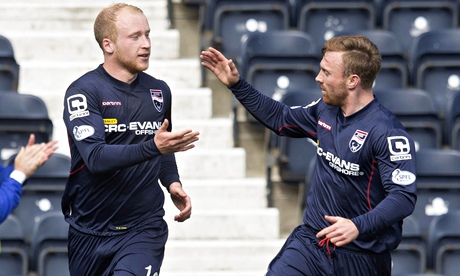 Liam Boyce, left, celebrates scoring for Ross County against Kilamrnock in the Scottish Premiership