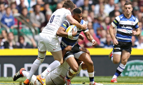 Saracens' Owen Farrell tackles Anthony Watson, which resulted in the Bath player being replaced