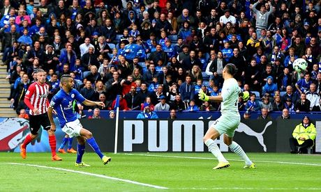 Riyad Mahrez scores Leicester's second against Southampton in the Premier League at the King Power
