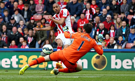 Steven Nzonzi scores Stoke's second goal against Tottenham in the Premier League at the Britannia