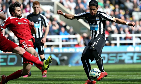 Newcastle's Ayoze Pérez, right, scores against West Bromin the Premier League at St James' Park
