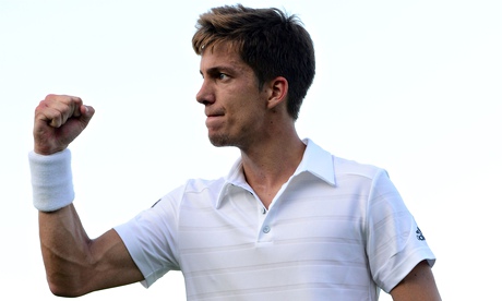 Aljaz Bedene celebrates his victory over Radek Stepanek in the first round at Wimbledon