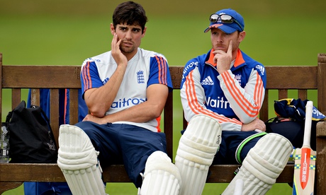 England's Ian Bell, right, and Alastair Cook take a break from training for Edbaston's Ashes Test