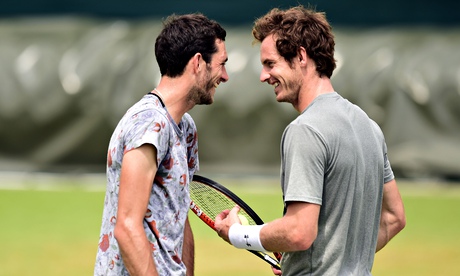 Andy Murray, right, and James Ward prepare for the third round of Wimbledon at a practice session