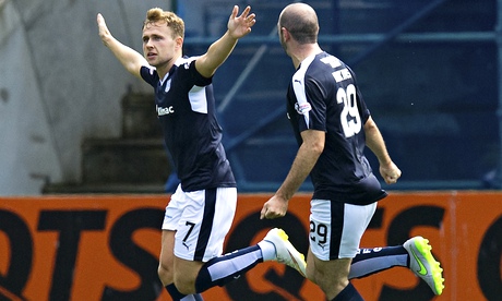 Dundee's Greg Stewart, left, celebrates scoring against Kilmarnock in the Scottish Premiership