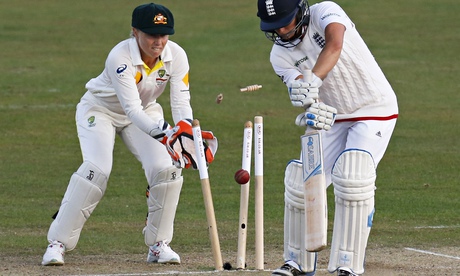 England’s top scorer, Katherine Brunt, is bowled by Australia’s Sarah Coyte on the second day of the Women’s Ashes Test at Canterbury on Wednesday. Photograph: Kieran Galvin/REX Shutterstock