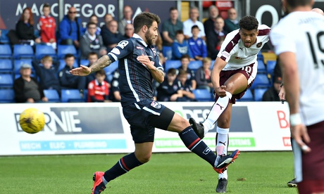 Osman Sow, right, scores for Hearts against Ross County in the Scottish Premiership at Victoria Park