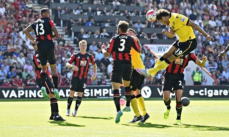 Rudy Gestede scores for Aston Villa against Bournemouth in the Premier League at Dean Court