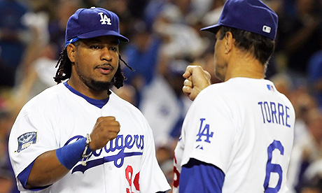 Los Angeles Dodgers' Manny Ramirez and Joe Torre