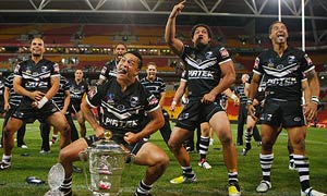 Issac Luke of the Kiwis leads the haka after winning the rugby league World Cup final
