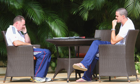 Team security adviser Reg Dickinson talks to England cricket captain Kevin Pietersen