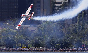 Paul Bonhomme flies over the Swan River during the final of the Air Race <b>World</b> Series in Perth