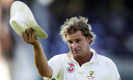 Australia's Shane Warne acknowledges the crowd after taking the wicket of England's Andrew Flintoff