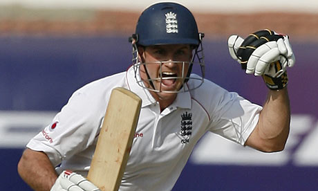 Andrew Strauss celebrates after scoring a century against India