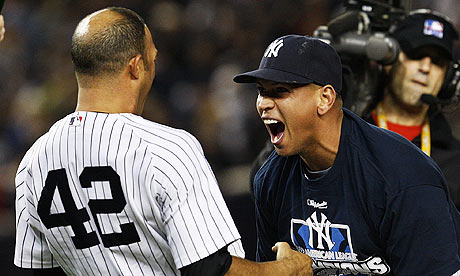 Mariano Rivera, left, and Alex Rodriguez celebrate after the Yankees win game six of the ALCS.
