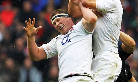 Dylan Hartley of England jumps for the ball against New Zealand 