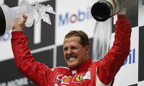 Michael Schumacher celebrates one of his 91 grandprix career wins
