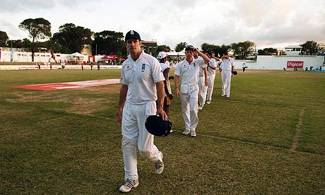 England's Andrew Strauss leaves the field after drawing the third Test with West Indies