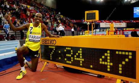 Britain's Mo Farah breaks the British indoor 3,000m record at the National Indoor Arena, Birmingham