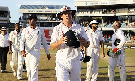 Andrew Strauss leaves the field after the draw in Port of Spain